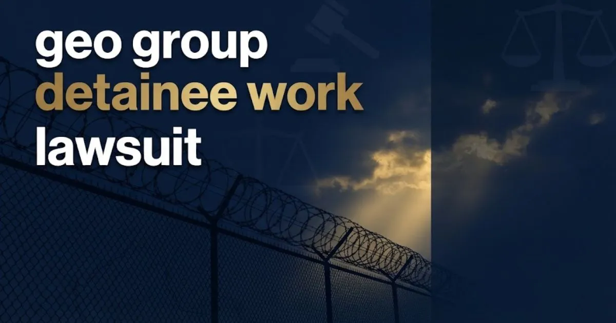 Editorial banner with geo group detainee work lawsuit headline over stylized detention facility silhouette in navy and gold tones