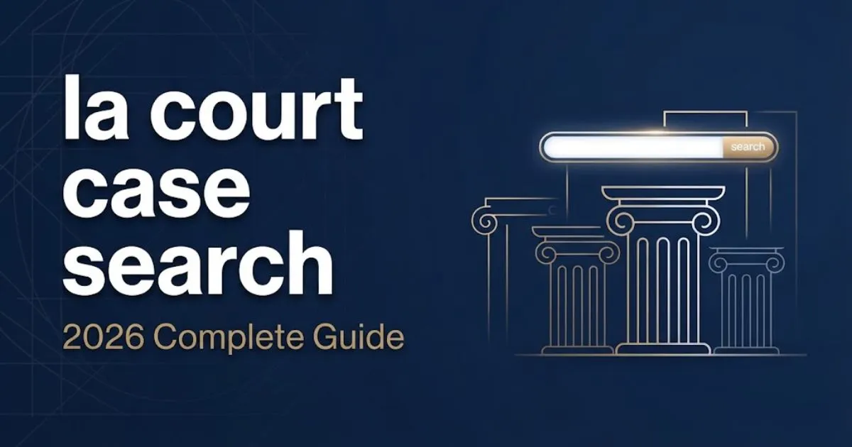 Editorial banner with la court case search headline, navy and gold courthouse graphics, 2026 guide layout