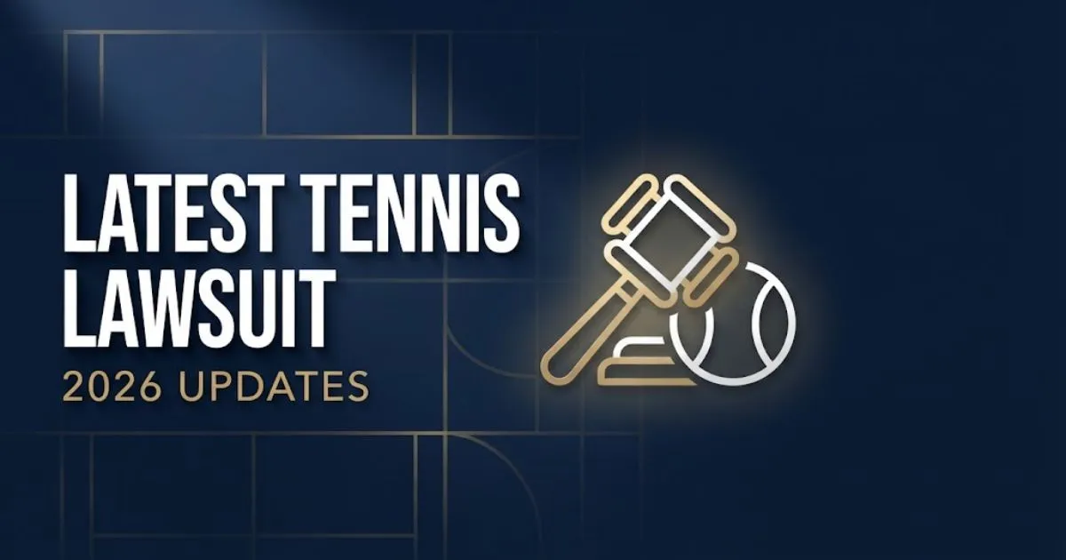 Editorial banner with latest tennis lawsuit headline in bold white text on navy background with gold gavel and tennis ball icons