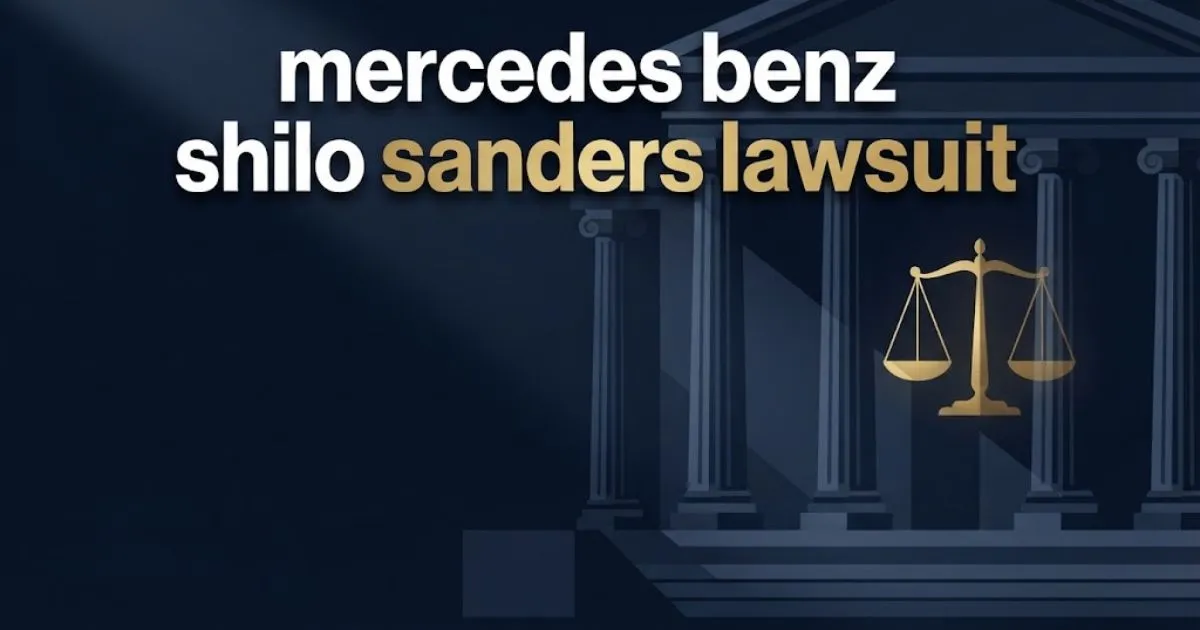 Editorial banner with mercedes benz shilo sanders lawsuit headline over abstract navy courthouse and gold scales of justice design.