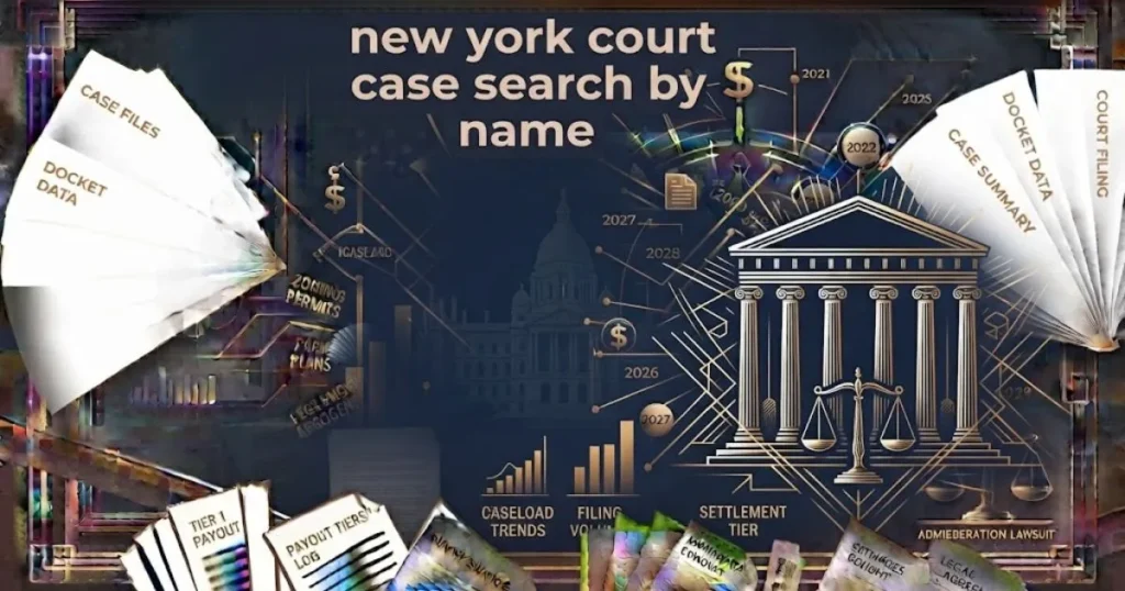 Editorial banner with new york court case search by name headline over abstract gold legal scales on navy background