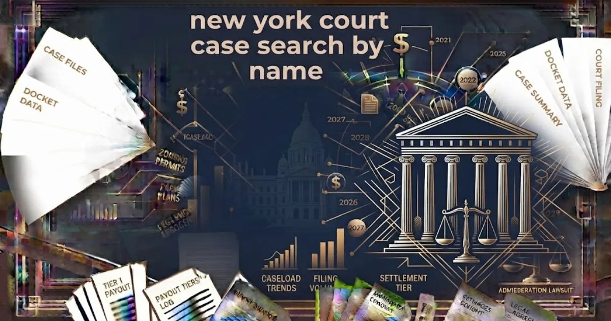 Editorial banner with new york court case search by name headline over abstract gold legal scales on navy background