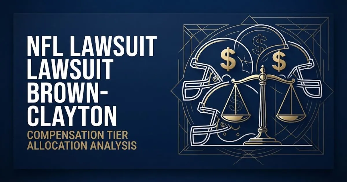Editorial banner with nfl lawsuit brown-clayton headline, football helmet silhouettes and legal scales on navy background