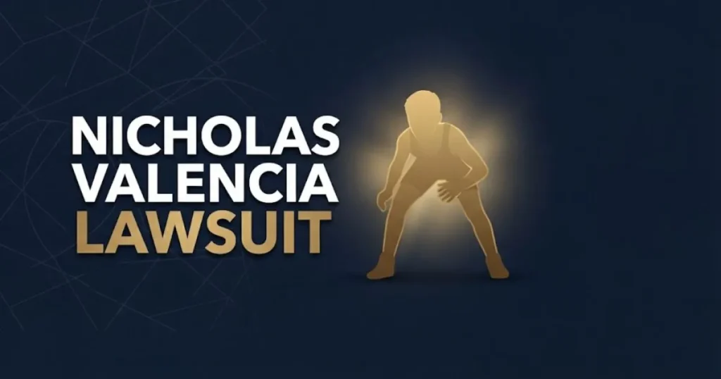 Editorial banner with nicholas valencia lawsuit headline and gold wrestler silhouette on navy background