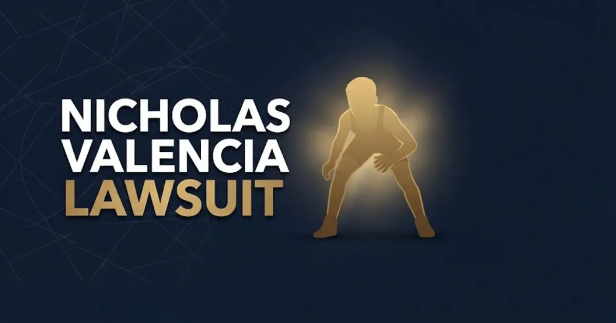 Editorial banner with nicholas valencia lawsuit headline and gold wrestler silhouette on navy background
