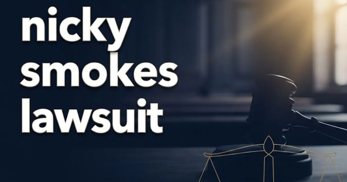 Editorial banner with nicky smokes lawsuit headline over dark navy courtroom scene with gold legal scales