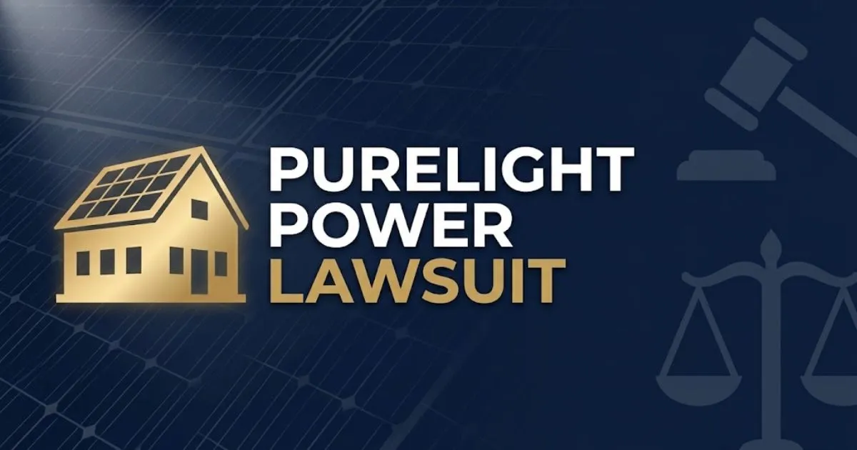 Editorial banner with purelight power lawsuit headline over navy solar panel grid background with legal symbols