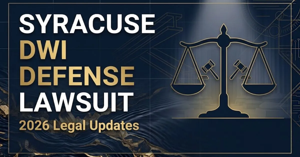Editorial banner with scales of justice and bold text reading syracuse dwi defense lawsuit on navy background
