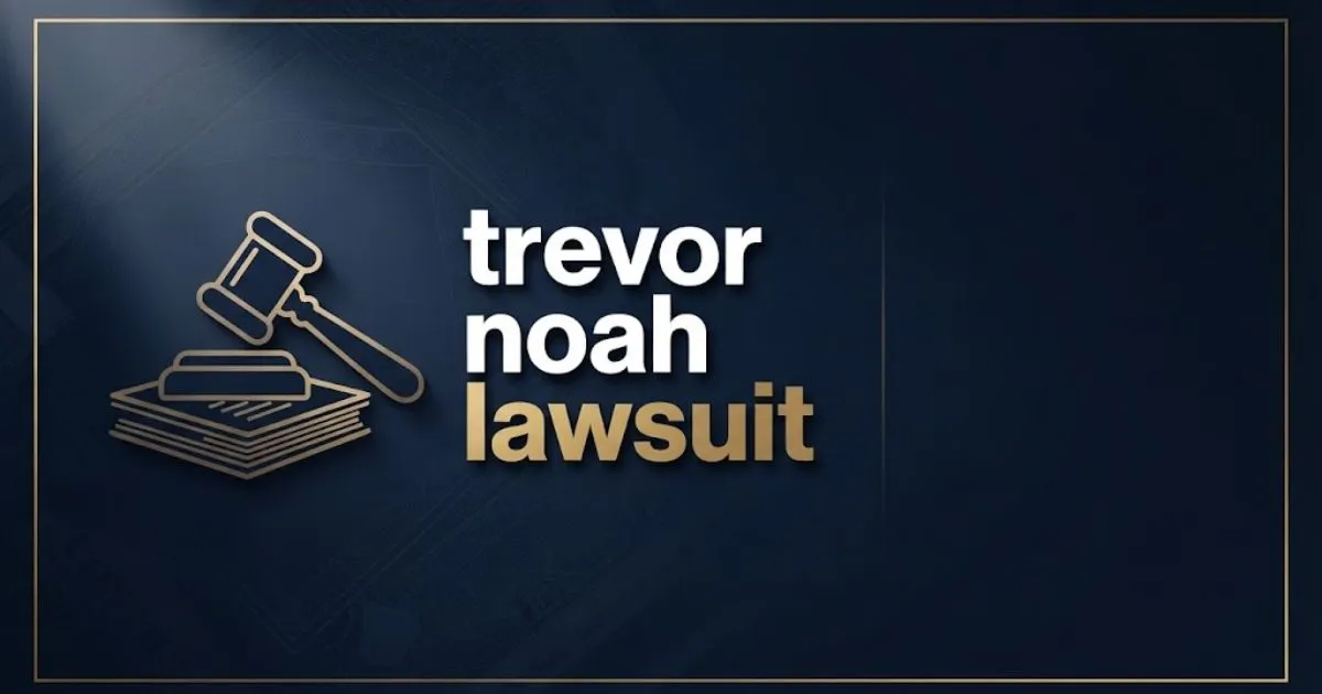 Editorial banner with trevor noah lawsuit headline text, gavel silhouette on navy blue legal themed background