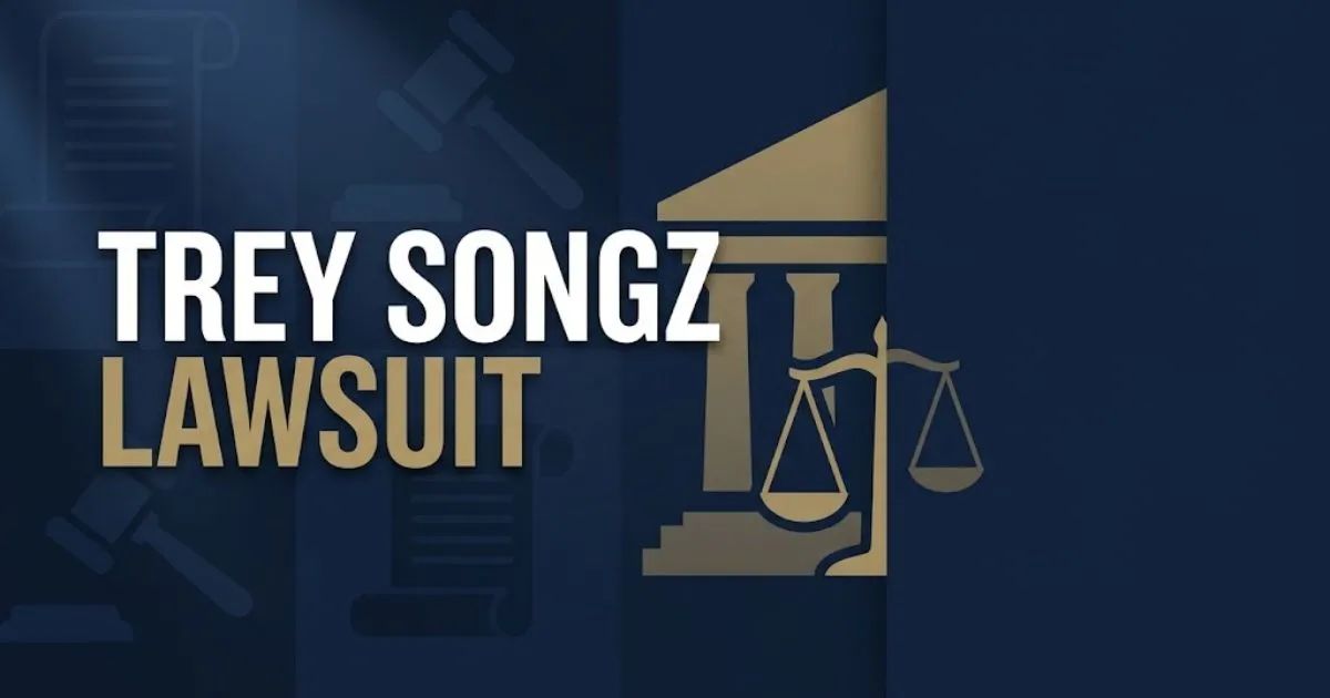 Editorial banner with trey songz lawsuit headline text over navy blue legal themed background with gold scales of justice