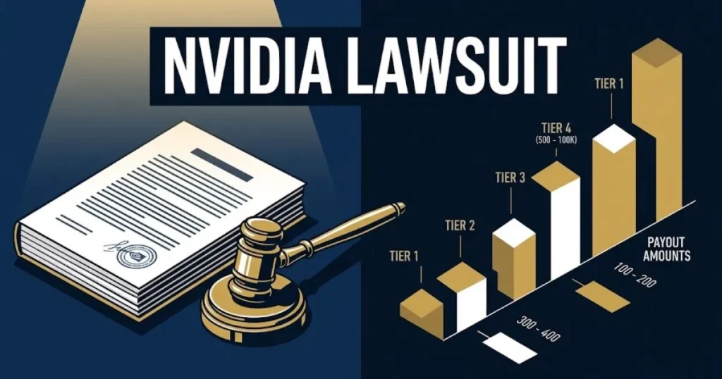 Editorial graphic with gavel and settlement chart showing nvidia lawsuit title text in navy and gold tones