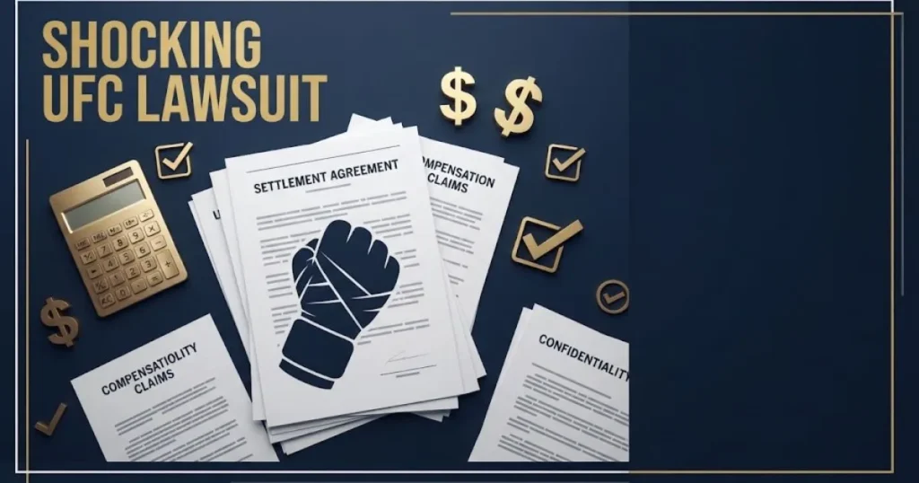 Editorial graphic with shocking ufc lawsuit title over settlement documents and fighter glove silhouette