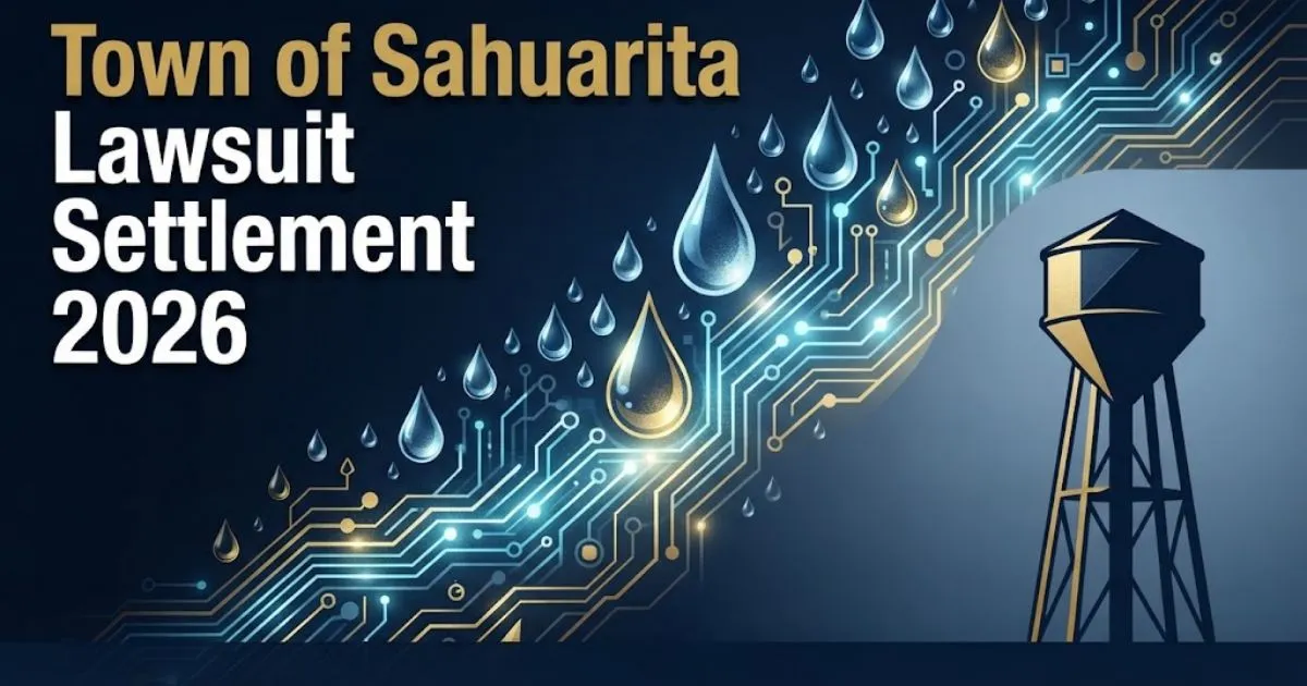 Editorial hero banner with gold text reading town of sahuarita lawsuit settlement 2026 over a deep navy background.