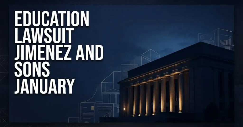 Education lawsuit Jimenez and Sons January hero banner with courthouse silhouette and bold headline text on navy background
