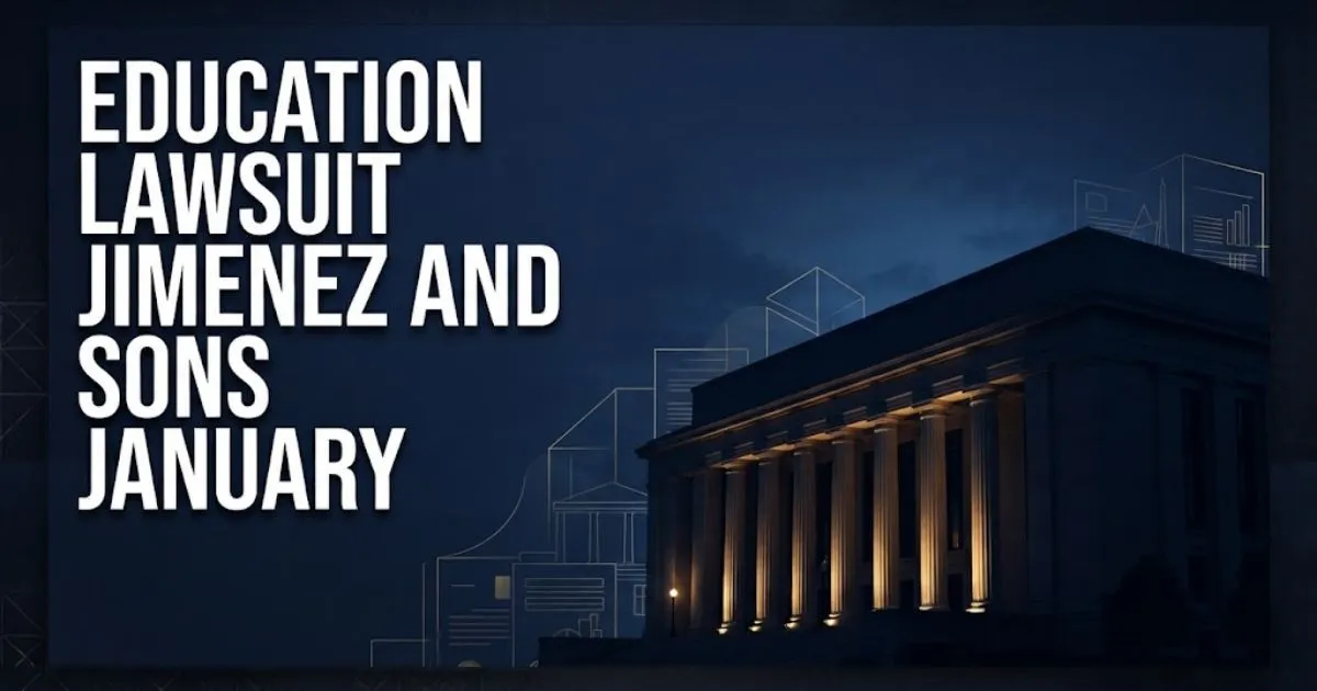 Education lawsuit Jimenez and Sons January hero banner with courthouse silhouette and bold headline text on navy background