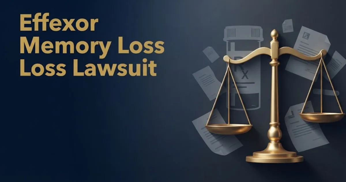Effexor memory loss lawsuit banner with legal scales and pill bottle silhouette on navy background