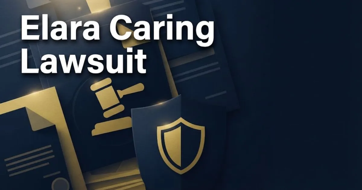 Elara Caring Lawsuit hero banner with legal documents and gavel icon in navy and gold editorial design