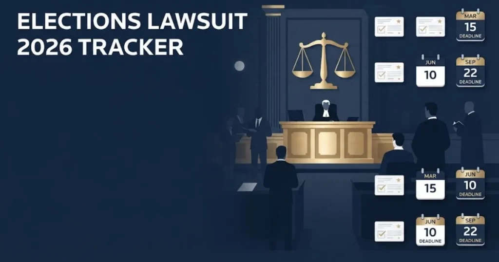 Elections lawsuit 2026 tracker graphic with courtroom scene and deadline calendar icons in navy