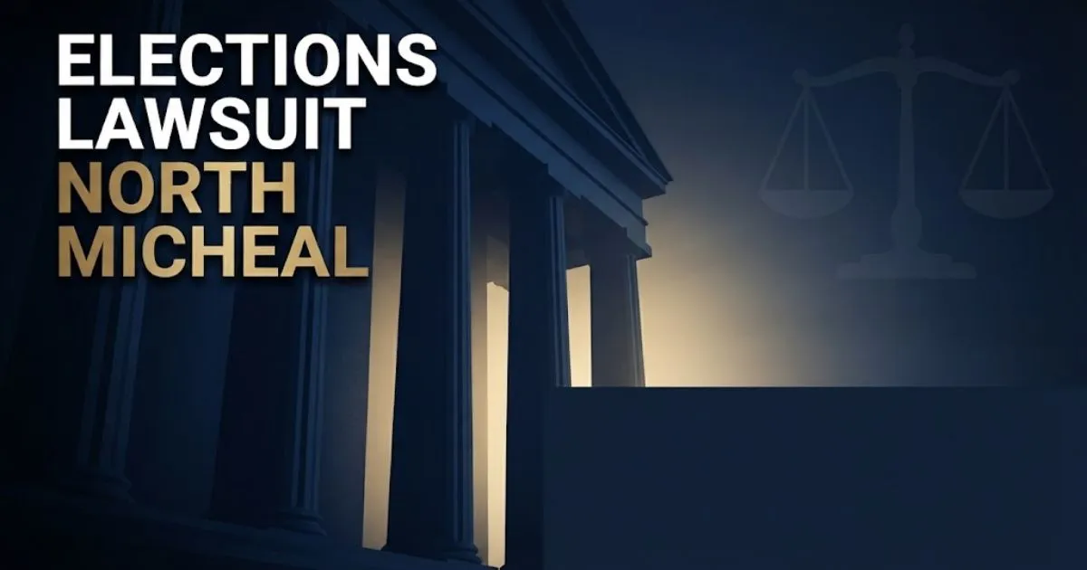 Elections lawsuit North Micheal hero banner with courthouse silhouette and gold text on navy background