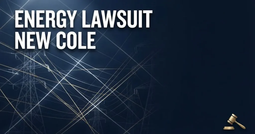 Energy lawsuit New Cole hero banner with legal and energy grid imagery in navy and gold