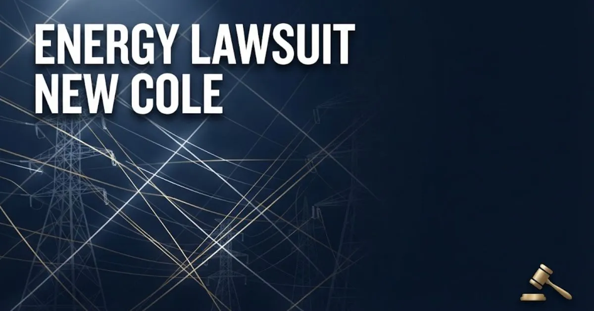 Energy lawsuit New Cole hero banner with legal and energy grid imagery in navy and gold
