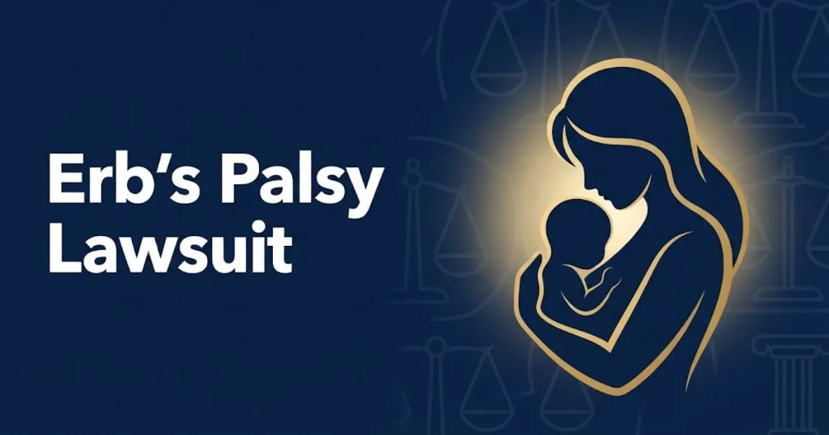 Erb's palsy lawsuit hero banner with gold parent and child silhouette on navy background