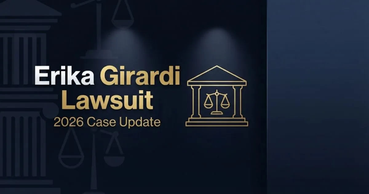 Erika Girardi Lawsuit 2026 hero banner with courthouse silhouette and gold scales of justice on navy background