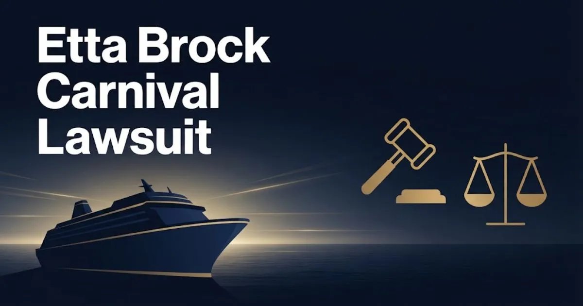 Etta Brock Carnival Lawsuit hero banner with cruise ship silhouette and legal scales in navy and gold