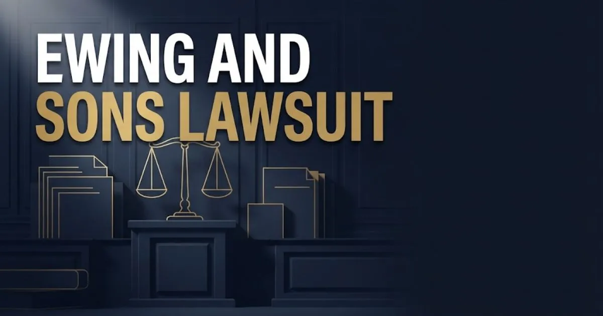 Ewing and Sons Lawsuit hero banner with gold legal scales on dark navy background for 2026 settlement guide