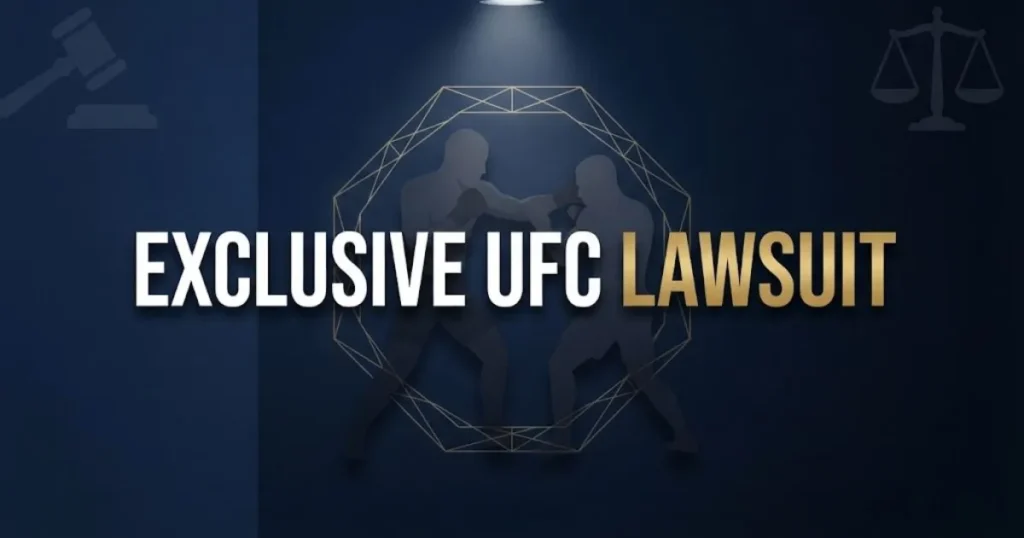 Exclusive UFC lawsuit hero banner with fighter silhouettes and legal symbols on navy background