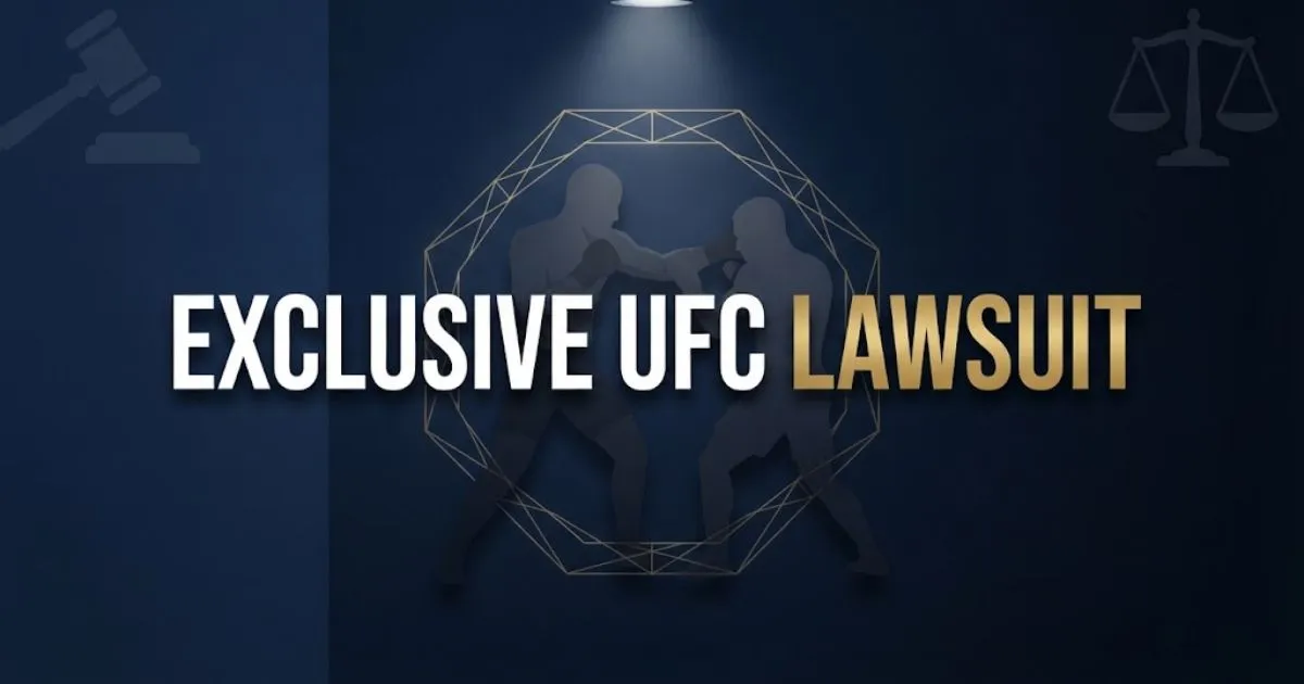 Exclusive UFC lawsuit hero banner with fighter silhouettes and legal symbols on navy background