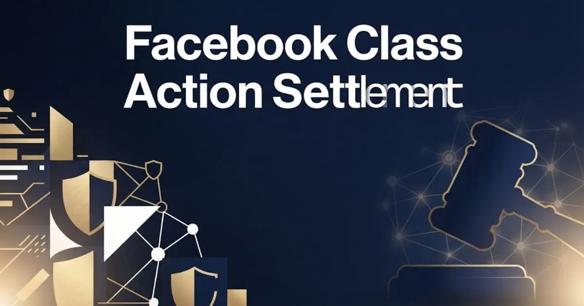 Facebook class action settlement hero banner with navy background, gold gavel icon, and bold white headline text
