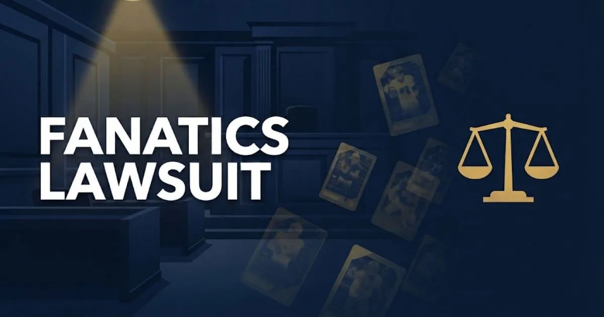 Fanatics lawsuit hero banner with golden scales of justice and trading card graphics on navy background