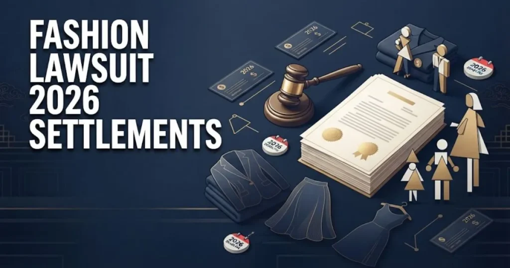 Fashion lawsuit 2026 settlements graphic with legal documents and clothing items on navy background