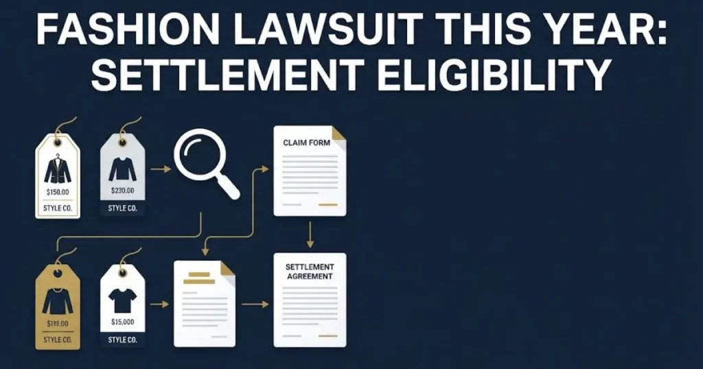 Fashion lawsuit this year eligibility graphic with clothing tags and legal document icons on navy