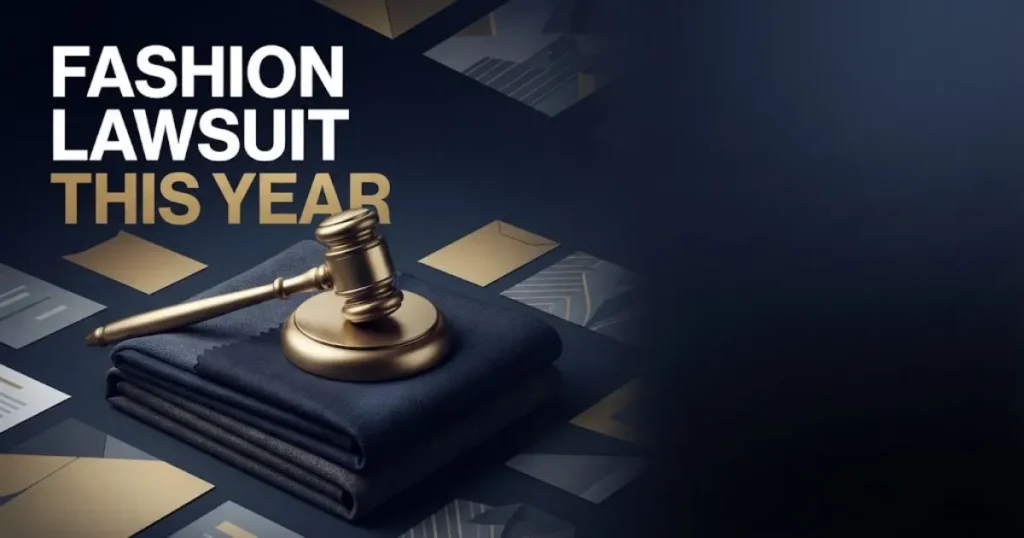 Fashion lawsuit this year hero banner with gavel on fabric and bold navy gold typography