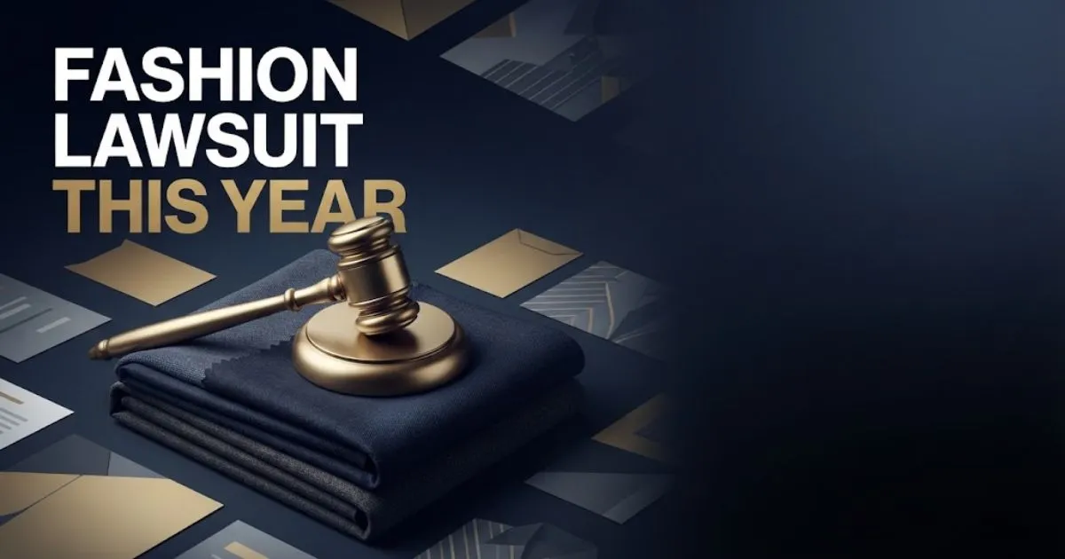 Fashion lawsuit this year hero banner with gavel on fabric and bold navy gold typography