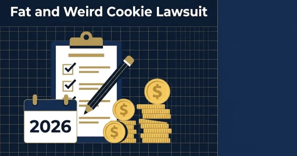 Fat and Weird Cookie Lawsuit settlement checklist graphic with calendar and payout icons