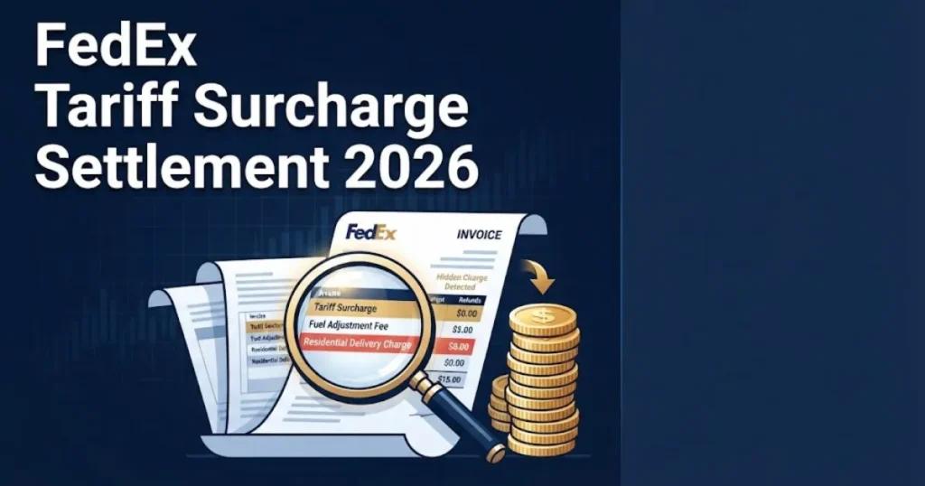 FedEx lawsuit over tariffs settlement graphic showing invoice audit and refund illustration