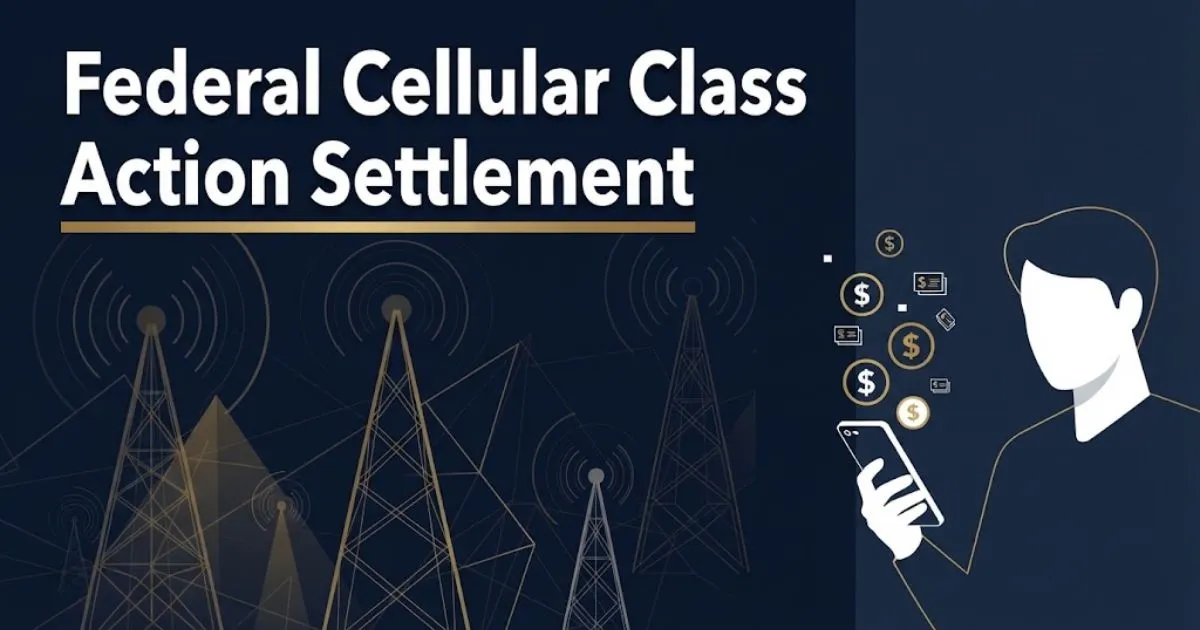 Federal cellular class action settlement hero banner with legal theme and smartphone silhouette in navy and gold