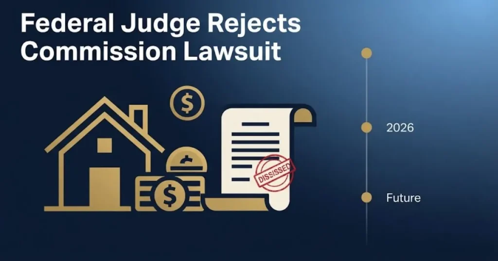 Federal judge rejects commission lawsuit graphic with real estate icons and 2026 timeline in navy and gold