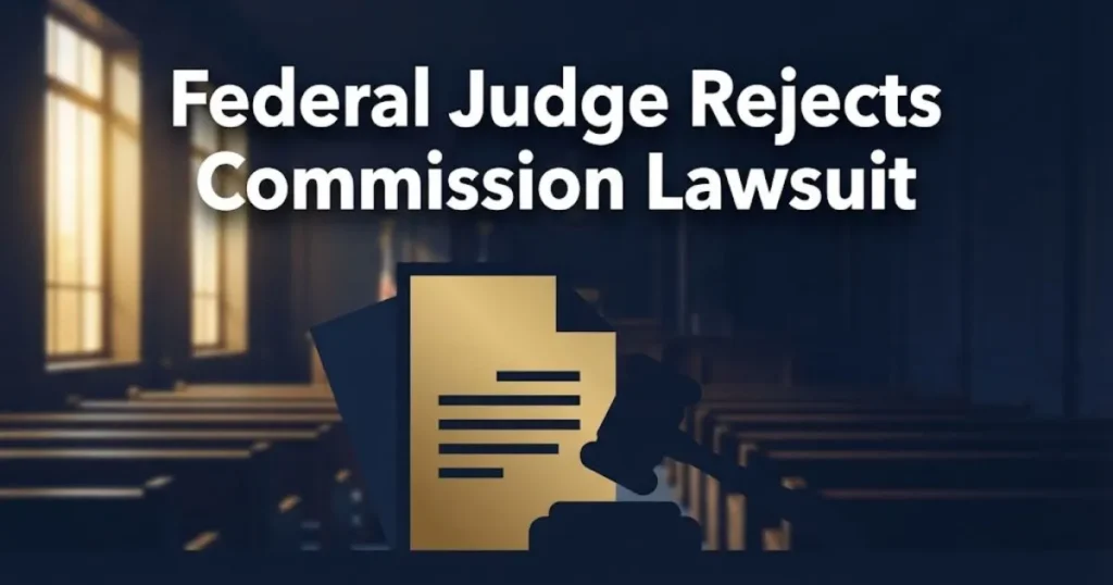 Federal judge rejects commission lawsuit headline over navy courtroom illustration with gold accents