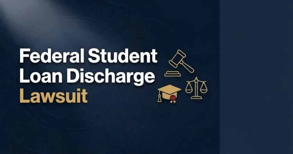 Federal student loan discharge lawsuit banner with gavel and graduation cap icons on navy background