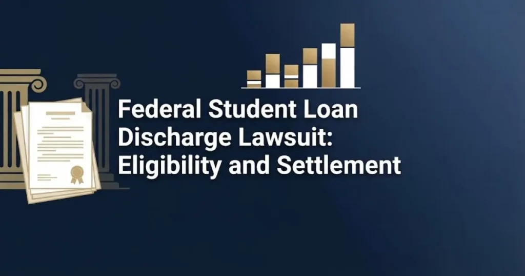 Federal student loan discharge lawsuit eligibility and settlement graphic with legal document icons