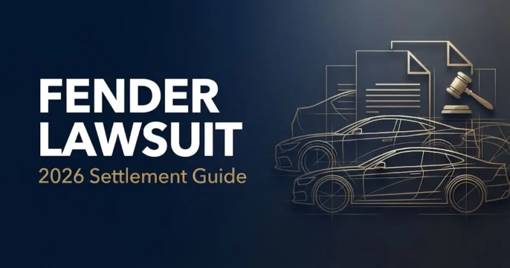 Fender lawsuit 2026 settlement guide hero banner with car silhouettes and legal icons on navy background