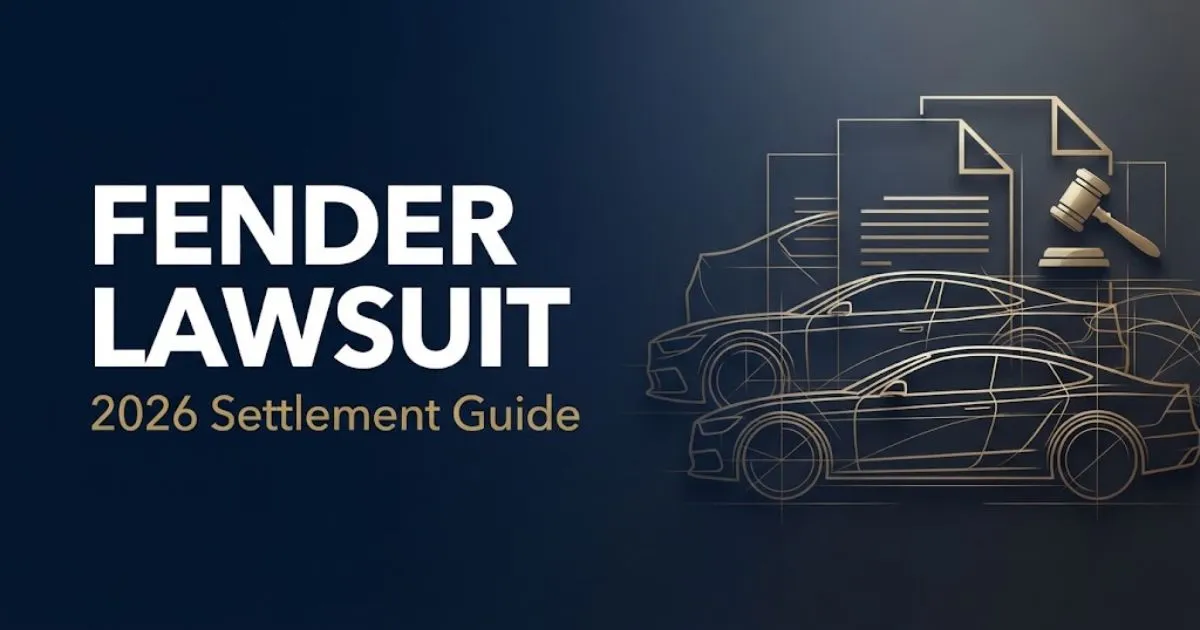 Fender lawsuit 2026 settlement guide hero banner with car silhouettes and legal icons on navy background
