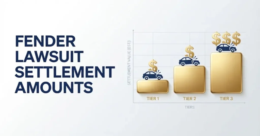 Fender lawsuit settlement amounts infographic with tiered payout bars and car accident icons on white background