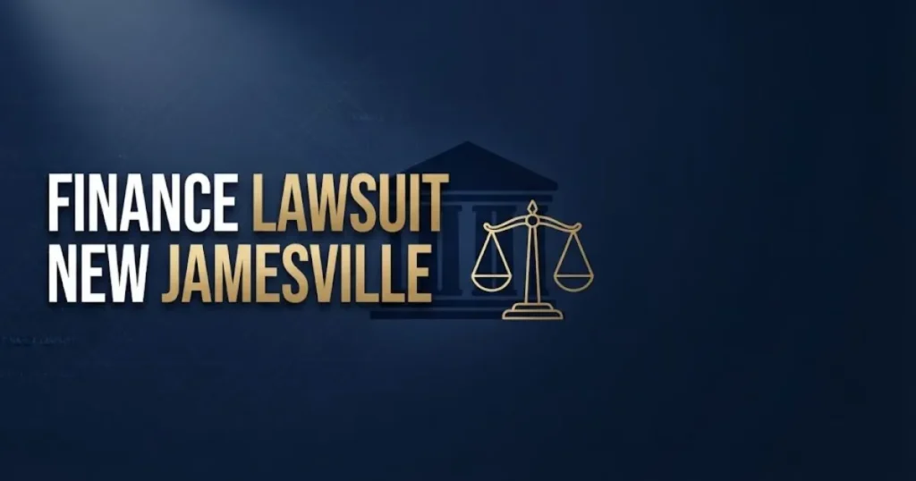Finance lawsuit new Jamesville hero banner with courthouse silhouette and gold legal scales on navy background