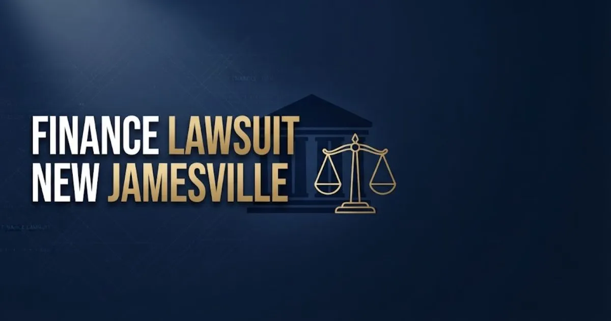 Finance lawsuit new Jamesville hero banner with courthouse silhouette and gold legal scales on navy background
