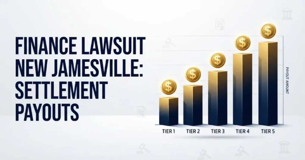 Finance lawsuit new Jamesville settlement payout tiers shown as abstract bar chart graphic with legal icons
